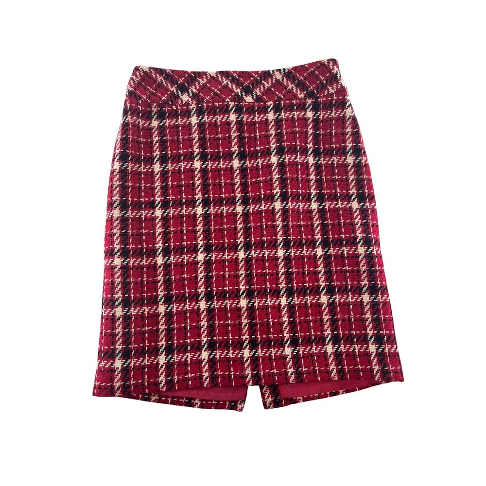 Villager Liz Claiborne Red Plaid Tweed Pencil Skirt Petite 10P Wool Blend Lined
